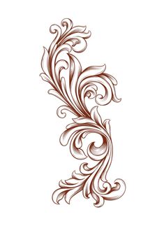 an ornate design with swirls and leaves in brown ink on a white paper background