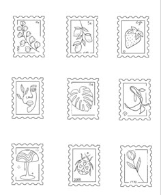 stamps with different designs on them, including flowers and leaves in the middle one is black and white