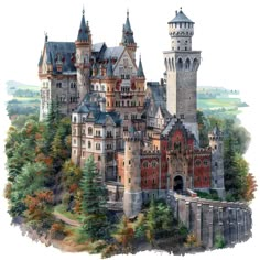 an illustration of a castle in the woods