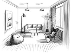 a drawing of a living room with couches, chairs and lamps on the wall