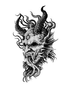 a black and white drawing of a demon mask with horns on it's head