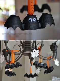 two pictures of bats hanging from a chandelier with orange and black decorations on them