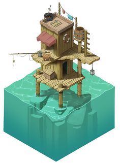 a wooden house on stilts in the water with a fishing rod attached to it