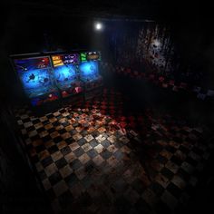 a room filled with lots of computer screens and red checkered flooring in the dark