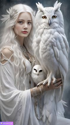 a woman with white hair and an owl on her arm is posing for a photo