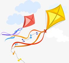 two kites are flying in the sky with clouds behind them, one is orange and one is red