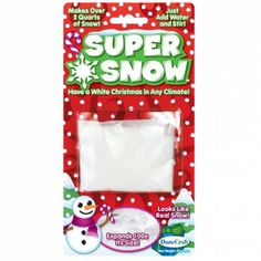 a package of white snow on top of a red and green background with an image of a snowman