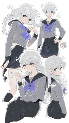 an anime character with white hair and blue collared shirt, skirt, and shoes