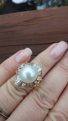 14k Gold 2ct Baguette Round Diamond 12mm South Sea Pearl Wedding Engagement Cocktail Ballerina South High Luster Diamond Wedding Rings, Aaa Quality Baguette Cut Wedding Jewelry, Navette Ring, Ballerina Ring, Gold Pearl Ring, Gold Ring Designs, Diamond Jewelry Designs, Sea Pearl, Gold Work