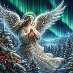 an angel is sitting in the snow with her hands together and looking up at the sky