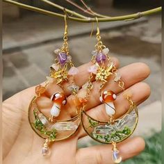 Earrings Cottagecore, Cottagecore Jewelry, Festival Mode, Golden Moon, Mushroom Jewelry, Boho Styl, Estilo Hippy, Mushroom Fairy, Reality Shifting