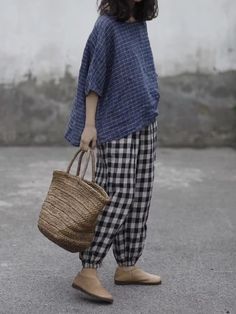 RETRO LINEN PLAID CASUAL HAREM PANTS - rrdeye Casual Gingham Cotton Bottoms, Casual Gingham Wide Leg Bottoms, Casual Gingham Relaxed Fit Bottoms, Casual Gingham Bottoms With Relaxed Fit, Casual Wide Leg Gingham Bottoms, Summer Plaid Straight Pants, Casual Plaid Bottoms For Spring, Casual Gingham Ankle-length Pants, Plaid Relaxed Fit Summer Pants