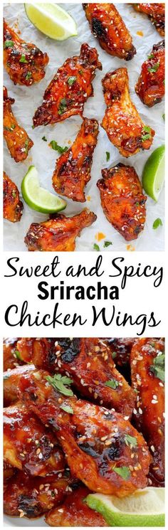 sweet and spicy srichai chicken wings with lime wedges