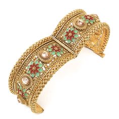 Bridal ethnic Indian Pakistani set of 2 openable big kada bangles studded with polki stones, red green enamel, flower pattern and rope edge. Limited availability. Metal: Alloy Plating: 5K (1gm) Gold Material: Glass and Enamel Width: 1.25 Inch Clasp: Screw Barrel Style Tip: Very traditiona ethnic piece that will compliment well with other ethnic jewelry and outfits. Style Personality: Antique Chic: You surround yourself with antique things that transport you in that era. You love the charm of the Green Metal Bracelets For Festive Occasions, Green Kundan Bracelets With Intricate Design, Traditional Metal Bracelet For Festive Occasions, Traditional Green Jeweled Bracelets, Traditional Jeweled Green Bracelets, Ceremonial Green Temple Jewelry Bracelets, Festive Ceremonial Metal Bracelets, Festive Ceremonial Metal Bracelet, Festive Metal Bracelets For Ceremonial Occasions