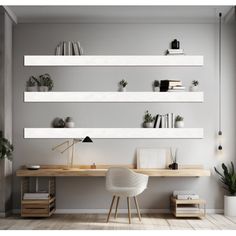 a desk with books and plants on it in front of a wall mounted book shelf