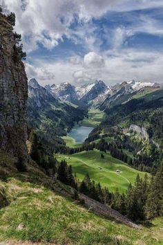 the valley is surrounded by mountains and green grass, with trees on both sides in the foreground