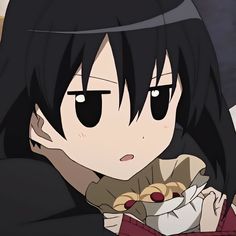 an anime character with long black hair holding food in her hand and looking at the camera