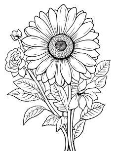 a sunflower with leaves and flowers on it in black and white coloring book page