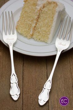 there is a piece of cake and two forks on the plate