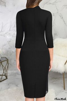 Olivia Mark - Womens Elegant Solid Color Flounce-Trimmed Fold-Over O-Neck Dress for Casual Occasions Black Dresses Casual, Hip Dress, Sleeve Dresses, Patchwork Designs, Black Casual, Wholesale Fashion, Olivia Mark, Dresses Long, Three Quarter