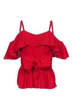 Current Boutique-Club Monaco - Red Sleeveless Blouse w/ Cold Shoulders & Flounce Hem Sz XXS Casual Red Off-shoulder Top, Trendy Summer Party Off-shoulder Top, Casual Off-shoulder Top With Ruffles, Cotton Off-shoulder Top With Ruffles, Trendy Cold Shoulder Summer Blouse, Casual Off-shoulder Top For Spring Party, Spring Casual Off-shoulder Top For Parties, Off-shoulder Ruffled Summer Tops, Off-shoulder Ruffled Tops For Summer