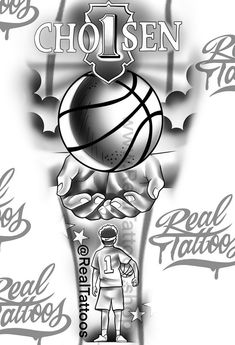 a black and white drawing of a basketball player with the words chosen on it's arm