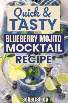 blueberry mojito cocktail recipe with lemons and mint garnish on the side