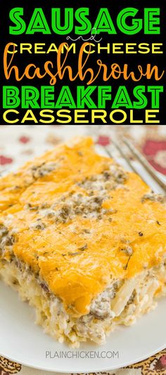 sausage and cheese hashbrown breakfast casserole on a white plate