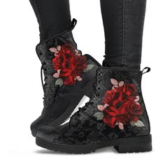 All of our Fashion Combat Boots are custom-made-to-order and handcrafted to the highest quality standards. - Made from vegan-friendly faux leather with a double-sided print and rounded toe construction. - Lace-up closure for a snug fit. - Soft textile lining with sturdy construction for maximum comfort. - High-quality rubber outsole for traction and exceptional durability. *Please note that colors may vary slightly from printed items to images on screen due to different lighting, screen resoluti Rose Boots, Gothic Lace-up Boots For Alternative Fashion, Gothic Leather Lace-up Boots For Winter, Winter Lace-up Combat Boots With Protective Design, Fall Gothic Lace-up Combat Boots, Gothic Black Lace-up Combat Boots, Lace Up Boots Women, Hippie Boots, Combat Boots Style