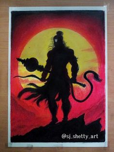 a drawing of a demon holding a ball in front of a sunset with the sun behind it