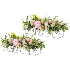 two clear vases filled with pink and white flowers