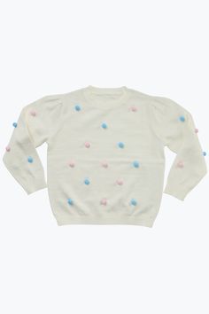 Introducing the newest kids' classic: our Pom Pom Sweater, designed to be with your little one through all fall long with its cozy embrace. Crafted from 100% heirloom cotton, this sweater promises not only supreme softness but also a lasting quality over the years! FAVORITE FEATURES: 100% Cotton Relaxed fit Pom pom design Machine washable Playful Long Sleeve Soft Knit Sweater, Cute Cream Long Sleeve Sweater, Playful Long Sleeve Cream Tops, Cute Cream Soft Knit Sweater, Cute Cream Crew Neck Sweater, Playful Cream Winter Sweater, Off White Cotton Sweater For Fall, Playful Cream Long Sleeve Sweater, Playful Long Sleeve Cream Sweater