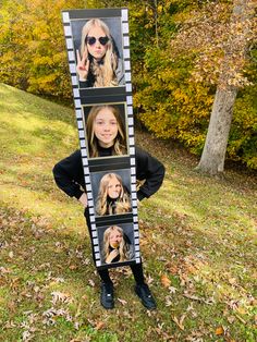 a woman standing in the grass with her hands on her hips and two pictures behind her