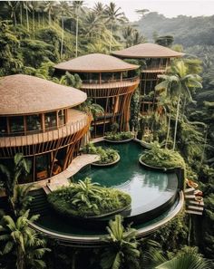 an aerial view of some houses in the jungle with trees surrounding them and a pool surrounded by greenery