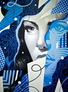 a painting of a woman's face with blue and white designs