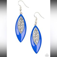 Paparazzi Venetian Vanity Blue Earrings - New Asymmetrically Bordered In A Bright Mykonos Blue Frame, Airy Silver Filigree Blooms Along The Center Of A Colorful Lure For A Seasonal Flair. Earring Attaches To A Standard Fishhook Fitting. Formal Blue Metal Earrings, Mykonos Blue, Dream Catcher Earrings, Orange Earrings, Faux Pearl Earrings, Fancy Earrings, Blue Frame, Costume Earrings, Link Earrings