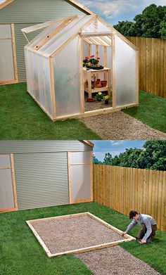 two pictures of a small greenhouse being built in the grass with one man working on it