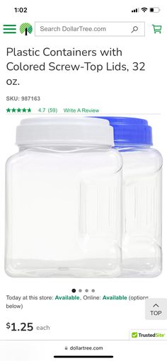 two plastic containers with colored screw - top lids are on sale for $ 2 each