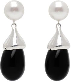 Pair of handcrafted drop earrings in sterling silver. · Freshwater pearl at face · Black crystal charm at drop · Post-stud fastening · H1.75 x W0.5 Supplier color: Sterling silver Sterling Silver Drop Pearl Single Earring, Formal Teardrop Sterling Silver Pearl Earrings, Polished Finish Drop Jewelry For Evening, Luxury Drop Pearl Earrings, Polished Finish Pearl Drop Earrings, Luxury Silver Teardrop Pearl Earrings, Elegant Silver Single Drop Earring, Drop Pearl Earrings For Evening, Silver Drop Pearl Single Earring