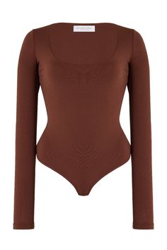 a women's bodysuit with long sleeves and an open back, in brown