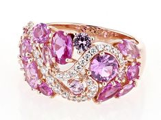 Bella Luce® lab created pink sapphire and white diamond simulant 3.73ctw oval, pear, marquise, and round, Eterno™ 18k rose gold over sterling silver ring. Measures approximately 0.94" L x 0.50" W and is not sizeable. Diamond Simulant, Pink Sapphire, 18k Rose Gold, White Diamond, Sterling Silver Ring, Silver Ring, Sterling Silver Rings, Pear, Cubic Zirconia