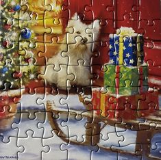 a jigsaw puzzle with a dog sitting on a sleigh in front of a christmas tree