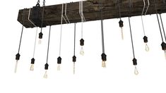 a long wooden beam with many lights hanging from it's sides and chains attached to the ends