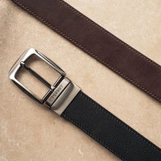 Elevate your collection with our reversible leather belt for men. Expertly designed for those seeking a formal high-quality versatile belt. Crafted with a metal fastening buckle and belt loop (with debossed logo) for a classic look. Our handmade men's leather belt features multiple holes (for a personal fit), a reversible design - so you can match your outfit with black or dark brown leather. Our reversible belt is available in 3 sizes - 34, 36, and 38 inches. Make it Personal Take advantage of Masculine Leather Strap Belts For Business, Masculine Leather Business Belts, Classic Business Belts And Suspenders With Belt Clip, Classic Business Belt With Belt Clip, Leather Strap Belts And Suspenders For Business, Modern Business Belt With Belt Clip, Apple Pencil Case, Travel Wallet Passport, Boys Belt