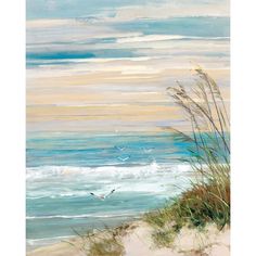 a painting of the ocean and sand dunes with seagulls flying in the distance