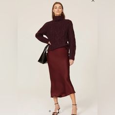 You Will Love This Luxuriously Plush Sweater From Vince. Crafted In A Super-Soft Alpaca Wool Blend And Featuring Classic Cable-Knit Detailing, This Vince Sweater Is A Must-Have Piece To Take Into Chilly Temps. The Sweater Has A Relaxed Fit That Makes It Easy To Layer With All Your Favorite Tops. Deep Plum Wine Color Is Perfect For Spring, Fall, And Winter. Brand New With Tag. Retails $475. Features: -Funnel Neck -Long Sleeves With Dropped Shoulders -Rib Trim -Oversized -Fabric: Heavyweight Cable Maroon Sweater, Rent The Runway, Burgundy Sweater, Satin Skirt, Chunky Sweater, Cable Knit Sweater, Alpaca Wool, Max Mara, Wool Sweaters