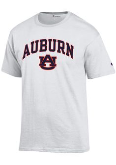 Show off your team pride in this Auburn Tigers White Arch Mascot Short Sleeve T Shirt! This Auburn Short Sleeve Tee features a screen print of Auburn over team logo on front chest. Make sure everyone knows you root for the Tigers with this White Auburn T Shirt. Go Auburn! Crew T-shirt For Sports Events, Crew Neck T-shirt For Sports Events, Fan Apparel Crew T-shirt For Sports Events, Team Spirit Fan Gear T-shirt With Crew Neck, White Tops With University Logo For Sports Season, Cotton Crew T-shirt For Sports Events, University Logo Graphic Tee With Crew Neck, White Team Spirit T-shirt For College, School Spirit Crew T-shirt For Streetwear