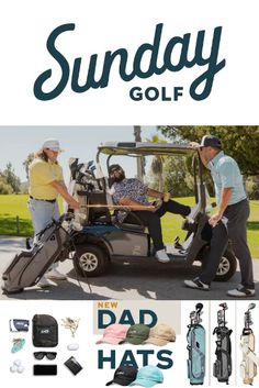 the cover of sunday golf magazine features two men and a golf cart with bags on it