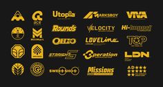 the logos for various brands are shown in yellow and black colors on a dark background