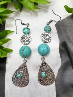 Stunning faux turquoise dangly 3" earrings southern style Cheap Southwestern Dangle Jewelry, Turquoise Beaded Drop Earrings For Festival, Festival Turquoise Beaded Drop Earrings, Turquoise Chandelier Dangle Earrings For Festivals, Handmade Turquoise Metal Chandelier Earrings, Southwestern Style Beach Jewelry With Dangling Beads, Turquoise Beaded Dangle Chandelier Earrings, Adjustable Beaded Turquoise Chandelier Earrings, Turquoise Beaded Dangle Earrings For Festival